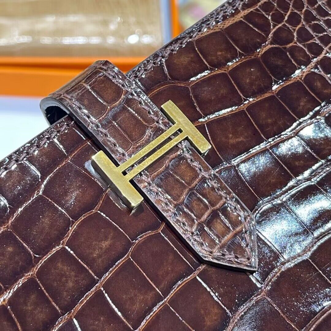 Hermes 100% genuine crocodile leather kelly Wallet 33569 Dark Brown