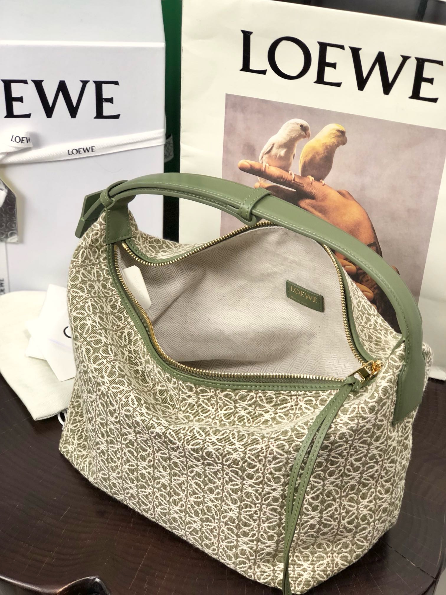 Loewe small Miniature Anagram Jacquard and cow leather bag 651421 green