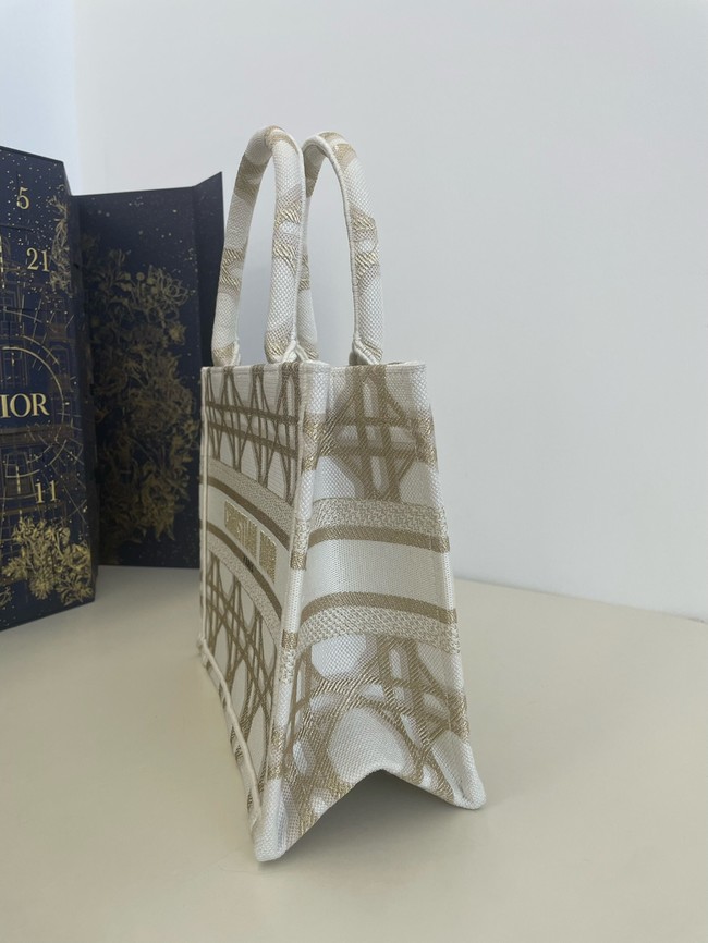 SMALL DIOR BOOK TOTE White and Gold-Tone Macrocannage Embroidery M1296ZRf