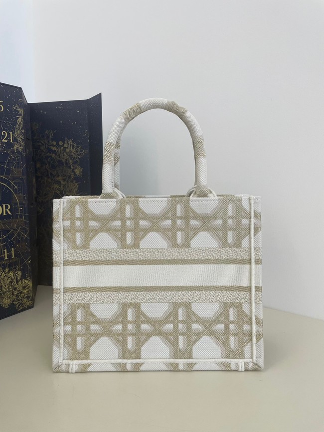 SMALL DIOR BOOK TOTE White and Gold-Tone Macrocannage Embroidery M1296ZRf