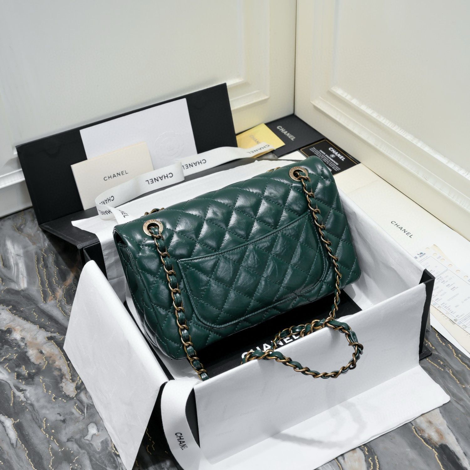 Chanel 2.55 Series Flap Bag Original Sheepskin Leather 92674 Dark Green Bronze-Tone