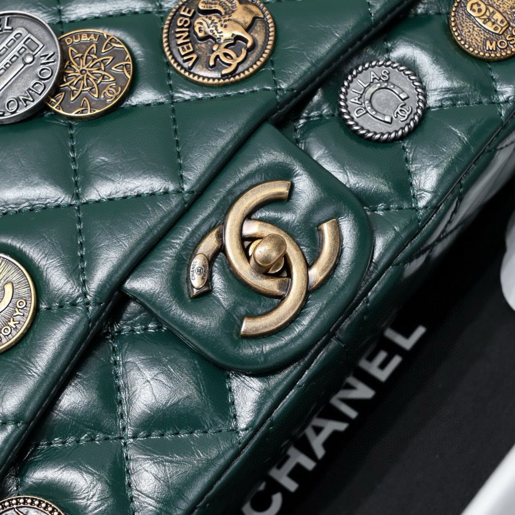 Chanel 2.55 Series Flap Bag Original Sheepskin Leather 92674 Dark Green Bronze-Tone