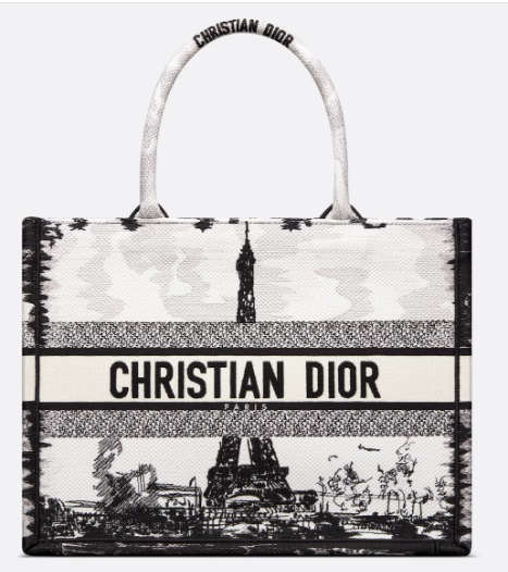 Medium Dior Book Tote White and Black Paris Embroidery M1296ZEG