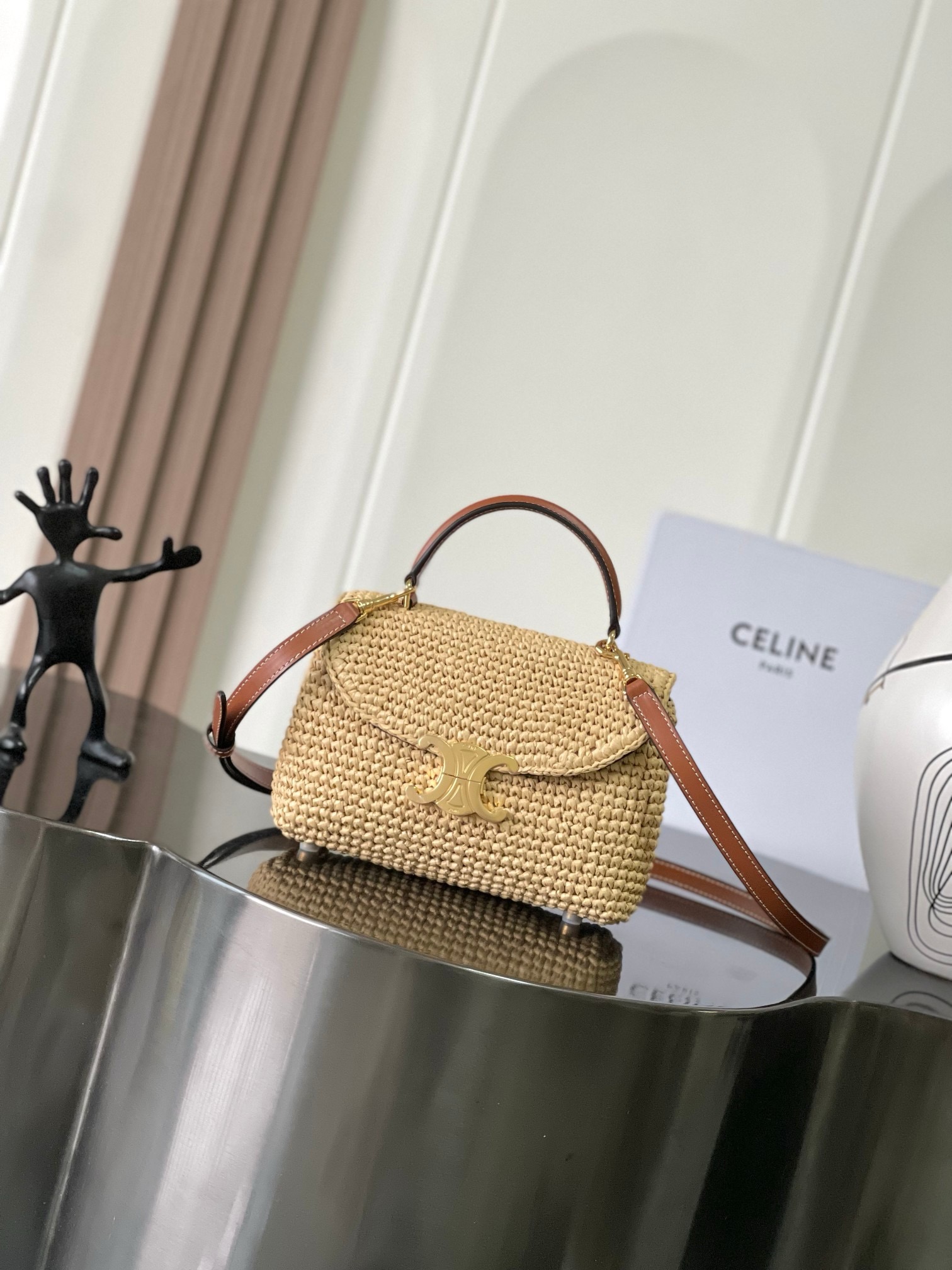 Celine TEEN NINO BAG IN RAFFIA WITH TRIOMPHE EMBROIDERIES 118113 NATURAL & TAN