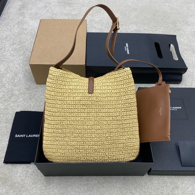Saint Laurent LE 5 A 7 supple small in raffia and leather 823812 PALE BROWN AND BRICK