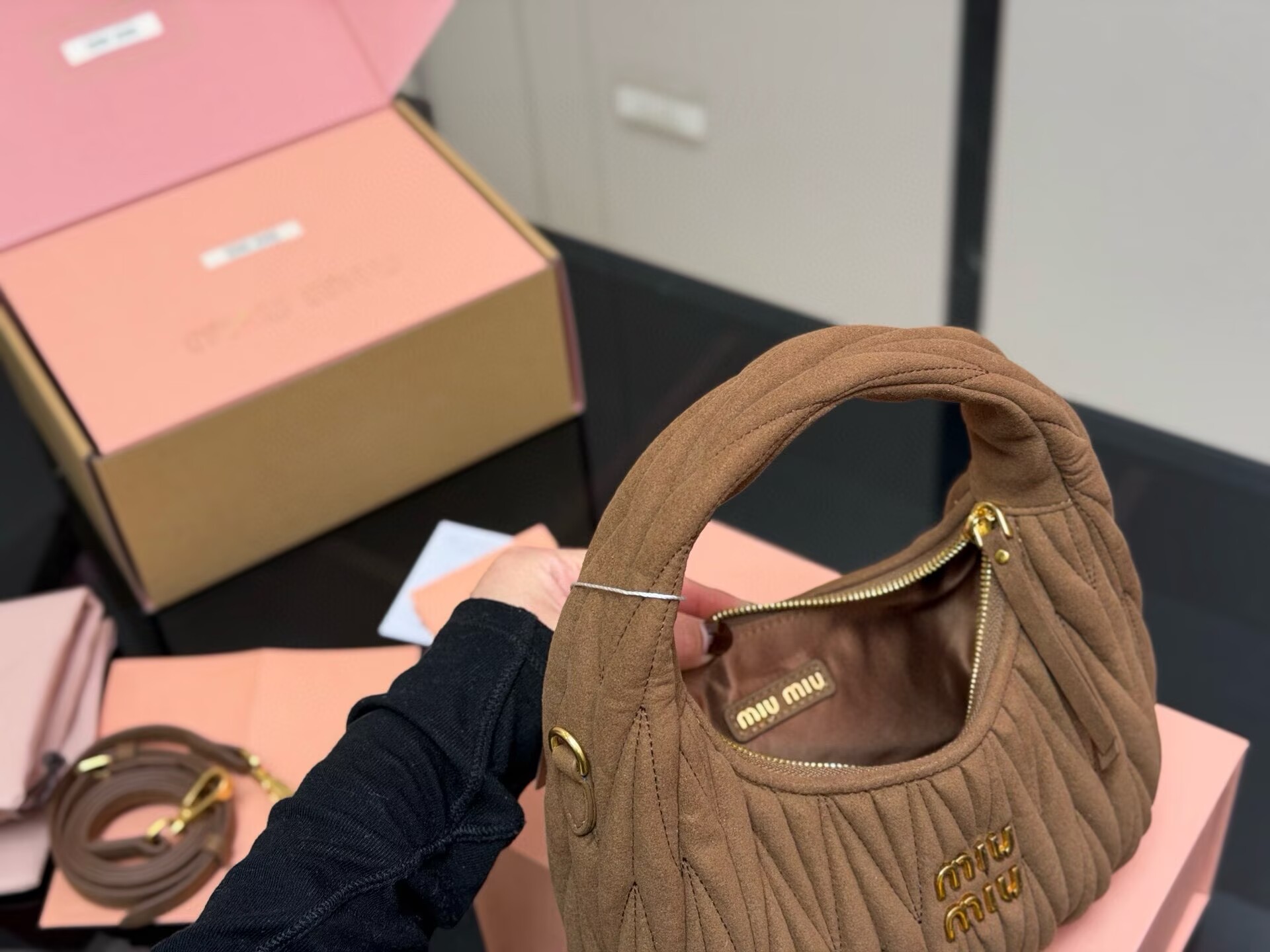 Miu Miu Women Wander Matelasse Suede Top Handle Bag MM63201 Dark Brown