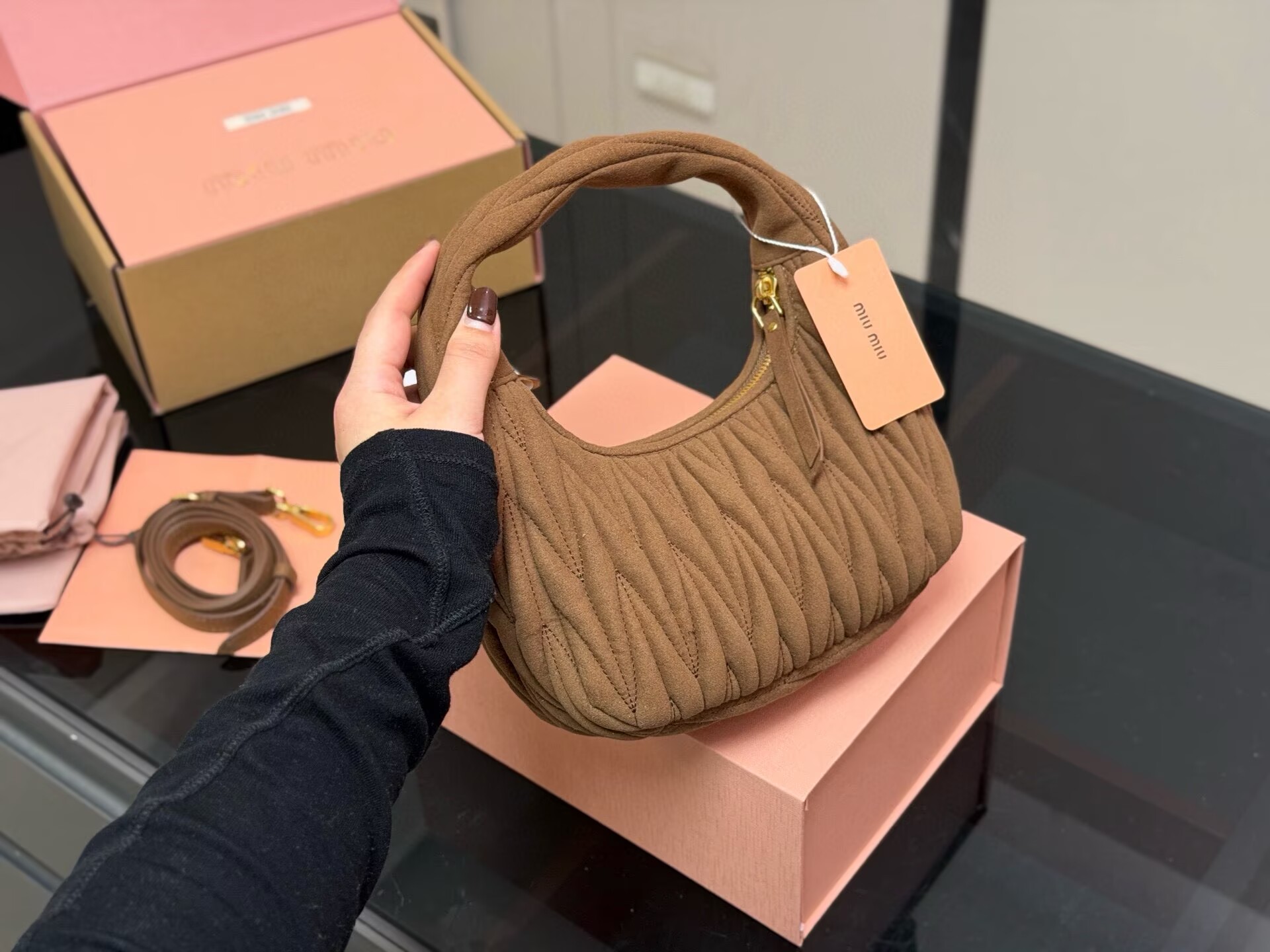 Miu Miu Women Wander Matelasse Suede Top Handle Bag MM63201 Dark Brown