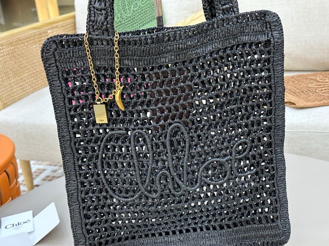 Chloe SUMMER straw and leather tote bag 0824P black