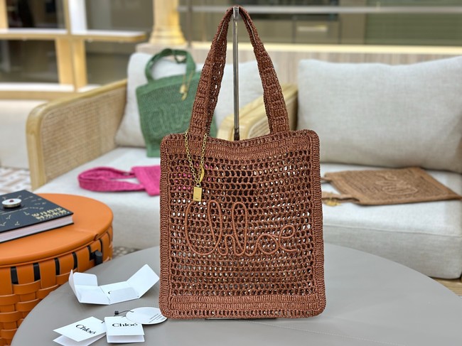 Chloe SUMMER straw and leather tote bag 0824P brown