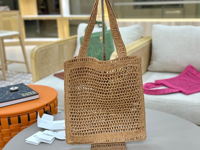 Chloe SUMMER straw and leather tote bag 0824P brown
