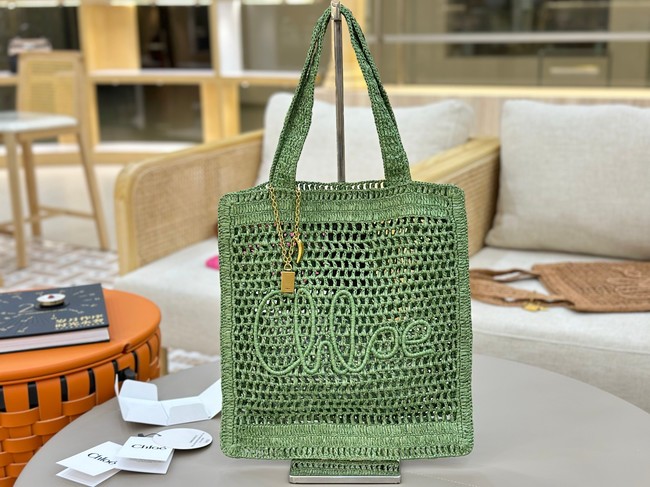 Chloe SUMMER straw and leather tote bag 0824P green