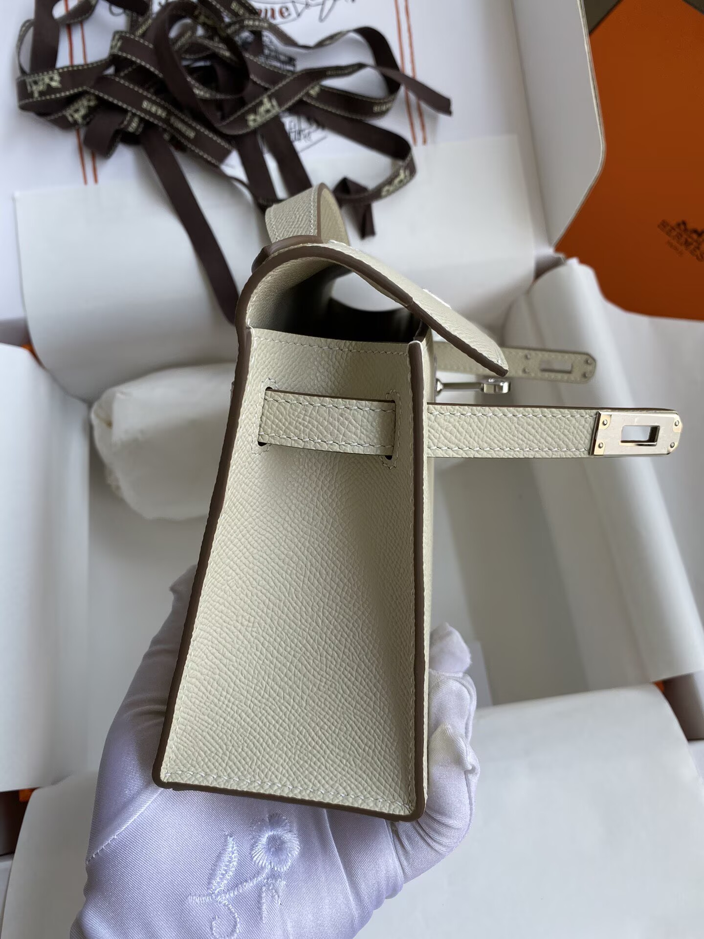 Hermes Kelly 22CM Tote Bag Original Epsom Leather KL22 Off-White Silver-Tone