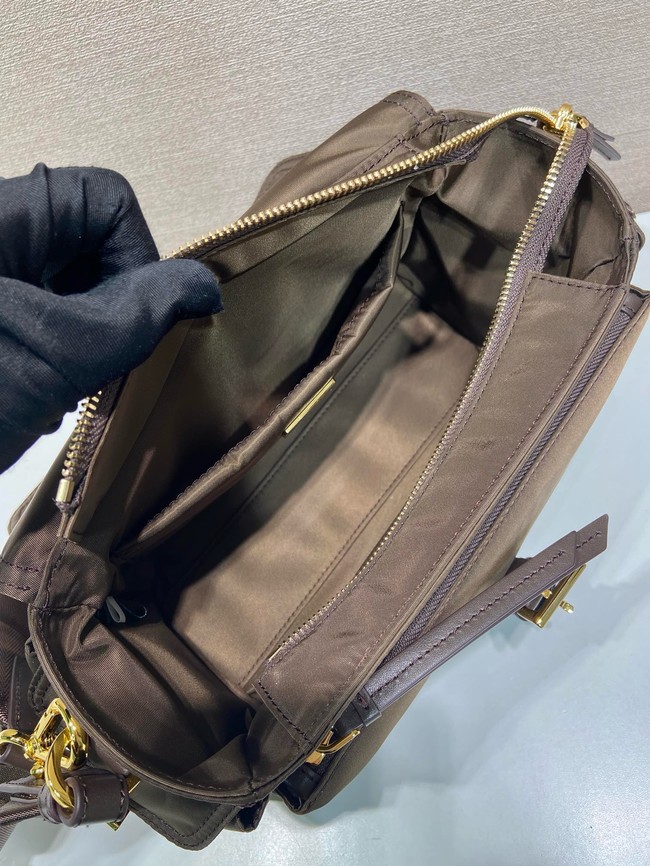 Prada Route medium leather tote bag Re-Nylon 1BD394 dark brown