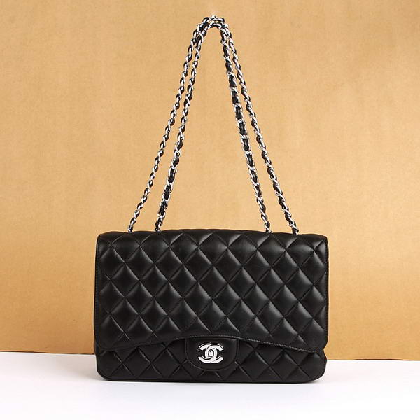 Chanel Jumbo Bags A36073 Black Lambskin Leather Silver Hardware