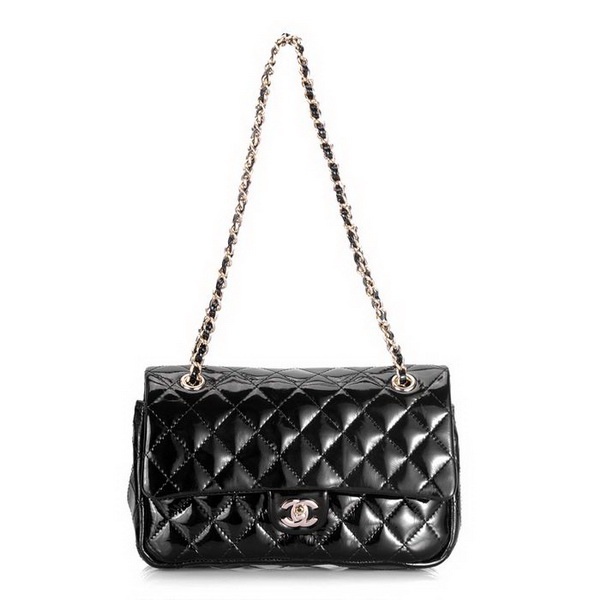 Chanel Classic 2.55 Series Flap Bag 1112 Black Patent Leather Golden Hardware