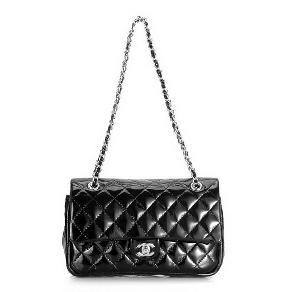 Chanel Classic 2.55 Series Flap Bag 1112 Black Patent Leather Silver Hardware