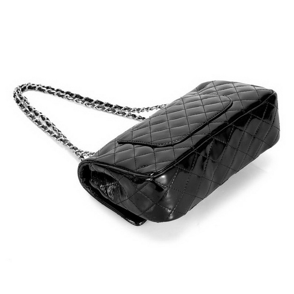 Chanel Classic 2.55 Series Flap Bag 1112 Black Patent Leather Silver Hardware