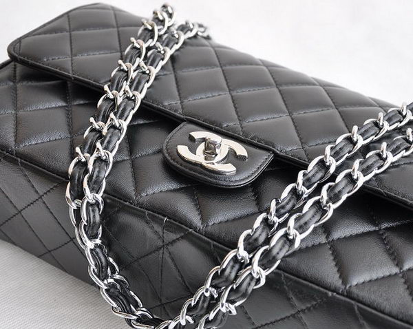 Chanel Classic 2.55 Series Black Lambskin Silver Chain Quilted Flap Bag 1113