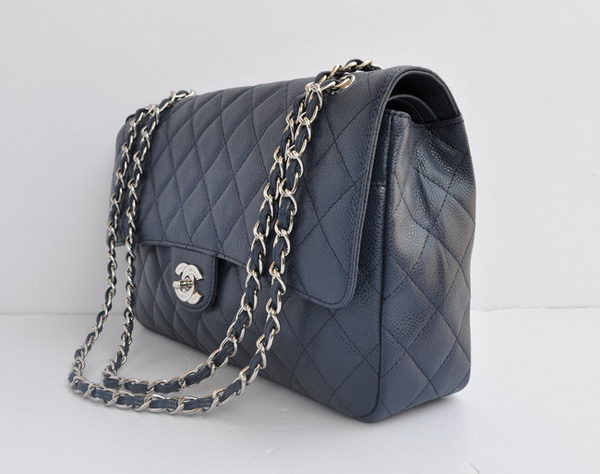 Chanel Classic 2.55 Series Light Blue Caviar Silver Chain Quilted Flap Bag 1113