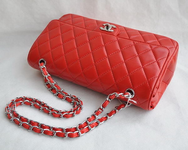 Chanel Classic 2.55 Series Red Lambskin Silver Chain Quilted Flap Bag 1113