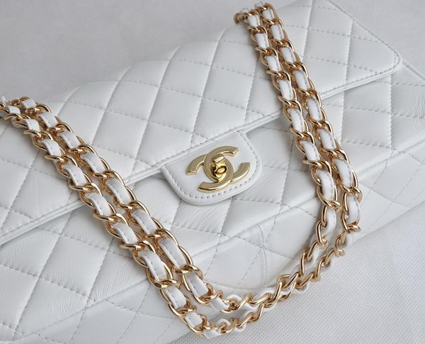 Chanel Classic 2.55 Series White Lambskin Golden Chain Quilted Flap Bag 1113