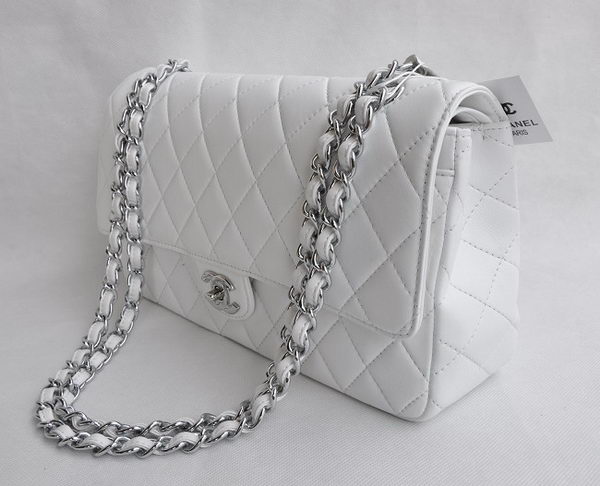 Chanel Classic 2.55 Series White Lambskin Silver Chain Quilted Flap Bag 1113