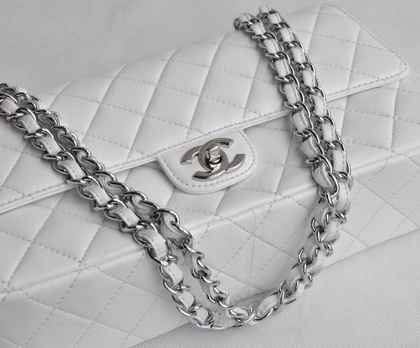 Chanel Classic 2.55 Series White Lambskin Silver Chain Quilted Flap Bag 1113