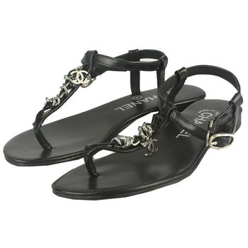 Chanel Silver Chain Thong Sheepskin Sandals Black