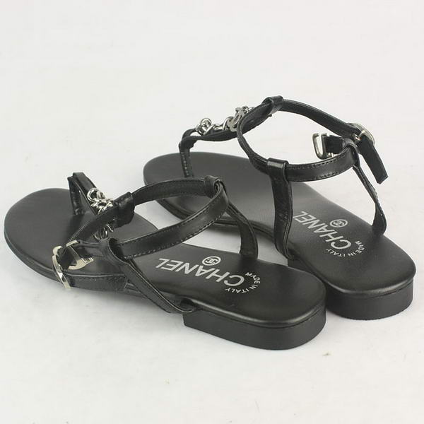 Chanel Silver Chain Thong Sheepskin Sandals Black