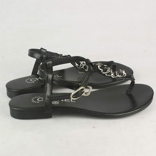 Chanel Silver Chain Thong Sheepskin Sandals Black