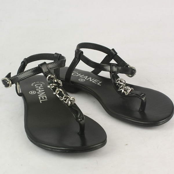 Chanel Silver Chain Thong Sheepskin Sandals Black