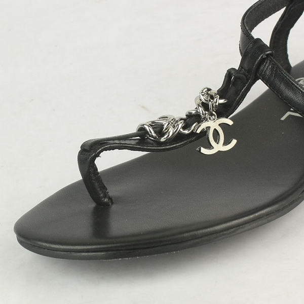 Chanel Silver Chain Thong Sheepskin Sandals Black