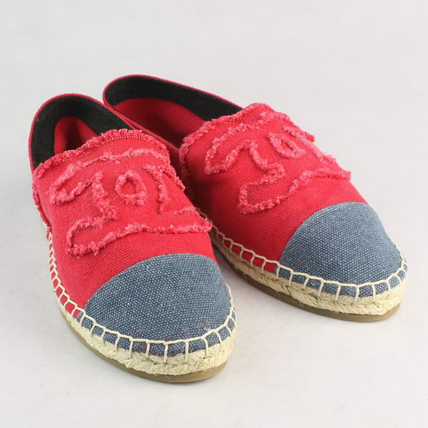 Chanel Red Fabric Blue Toe Flat