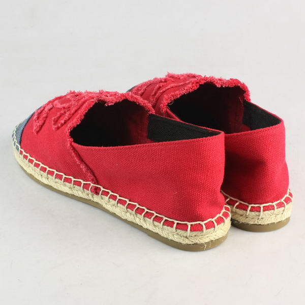 Chanel Red Fabric Blue Toe Flat