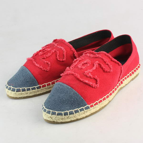 Chanel Red Fabric Blue Toe Flat