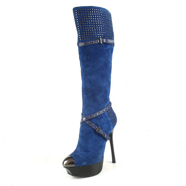 Gianmarco Lorenzi Studded Tall Boots Suede Dark Blue