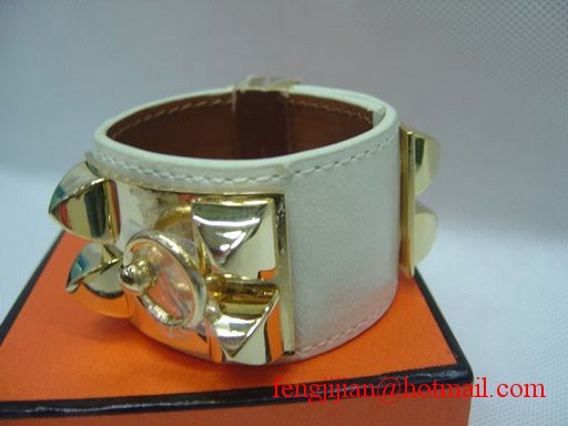 2009 Hermes White Leather Gold Bangle 1171