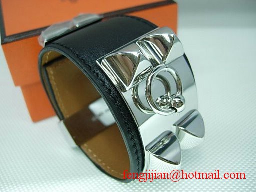 2010 Hermes Black Leather Silver Bangle 1171