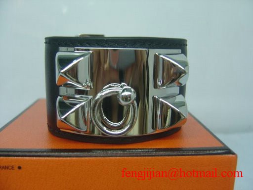 2010 Hermes Black Leather Silver Bangle 1171