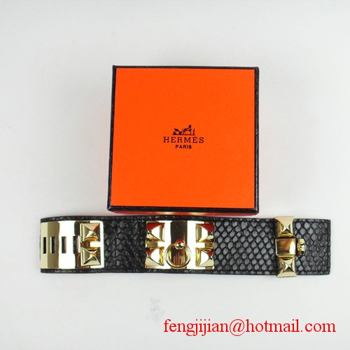 2010 Hermes Black Snakeskin Gold Bangle 1171