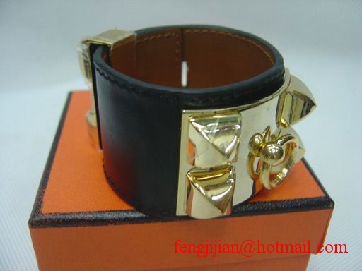 2010 Hermes Medor Bracelet Black Leather Gold Bangle 1171