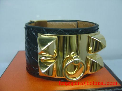 2010 Hermes Medor Bracelet Black Leather Gold Bangle 1171