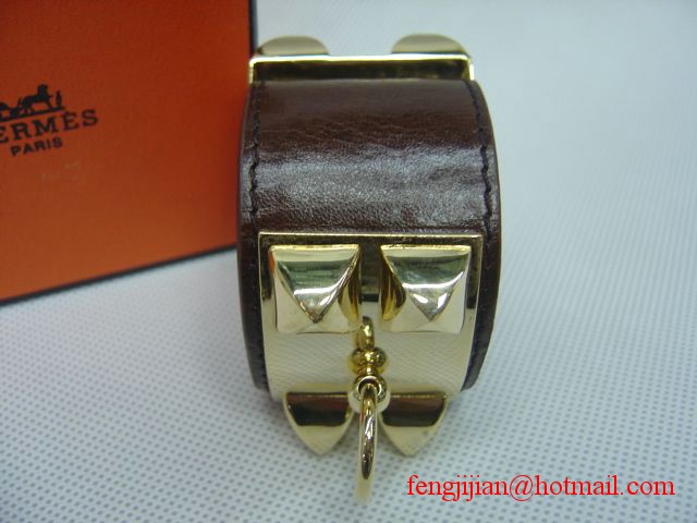2010 Hermes dark Brown Leather Gold Bangle 1171