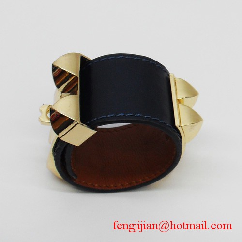 2010 Hermes dark blue Leather Gold Bangle 1171