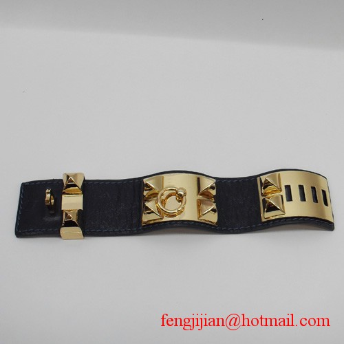 2010 Hermes dark blue Leather Gold Bangle 1171