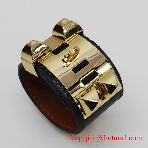 2010 Hermes dark blue Leather Gold Bangle 1171