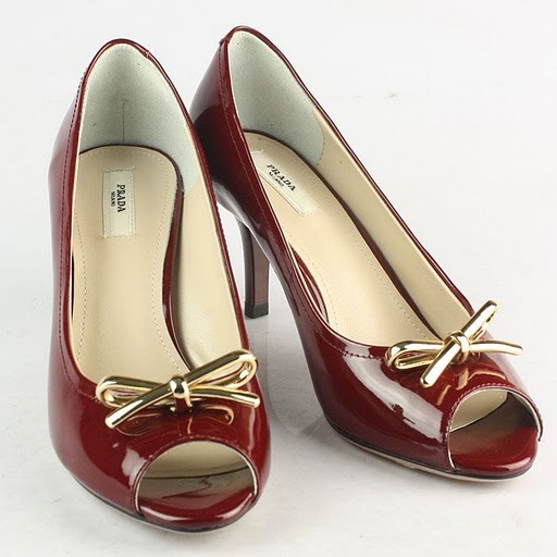 Prada Gold Bow Detail Peep Toe Pumps Red