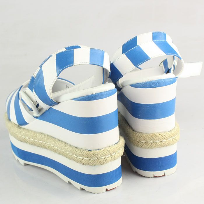 Prada Stripe Elastic Straps Wedge Sandals Blue