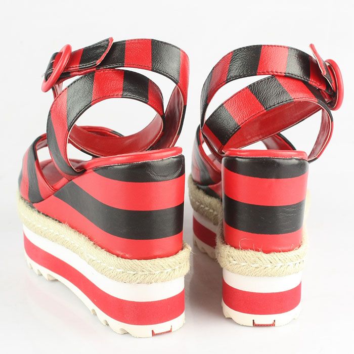 Prada Stripe Elastic Straps Wedge Sandals Red