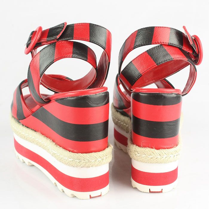 Prada Stripe Elastic Straps Wedge Sandals Red